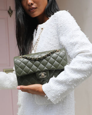 Chanel Olive Green Small Classic Double Flap Bag in Lambskin Leather with Champagne Gold Hardware