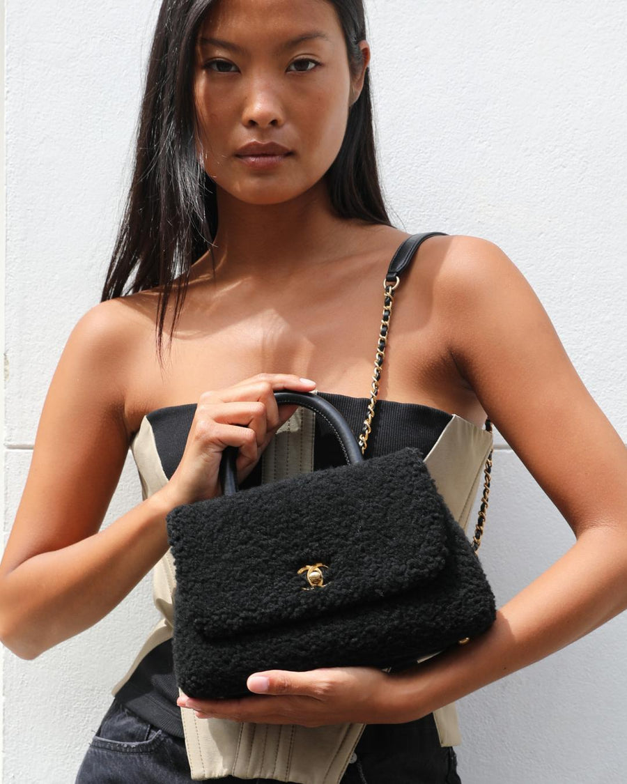 Chanel Black Shearling Small Coco Top Handle Bag with Brushed Gold Hardware