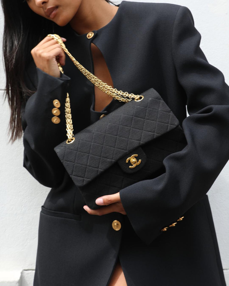 Chanel Black Vintage Classic Double Flap Bag In Jersey 2.55 Chain With 24K Gold Hardware