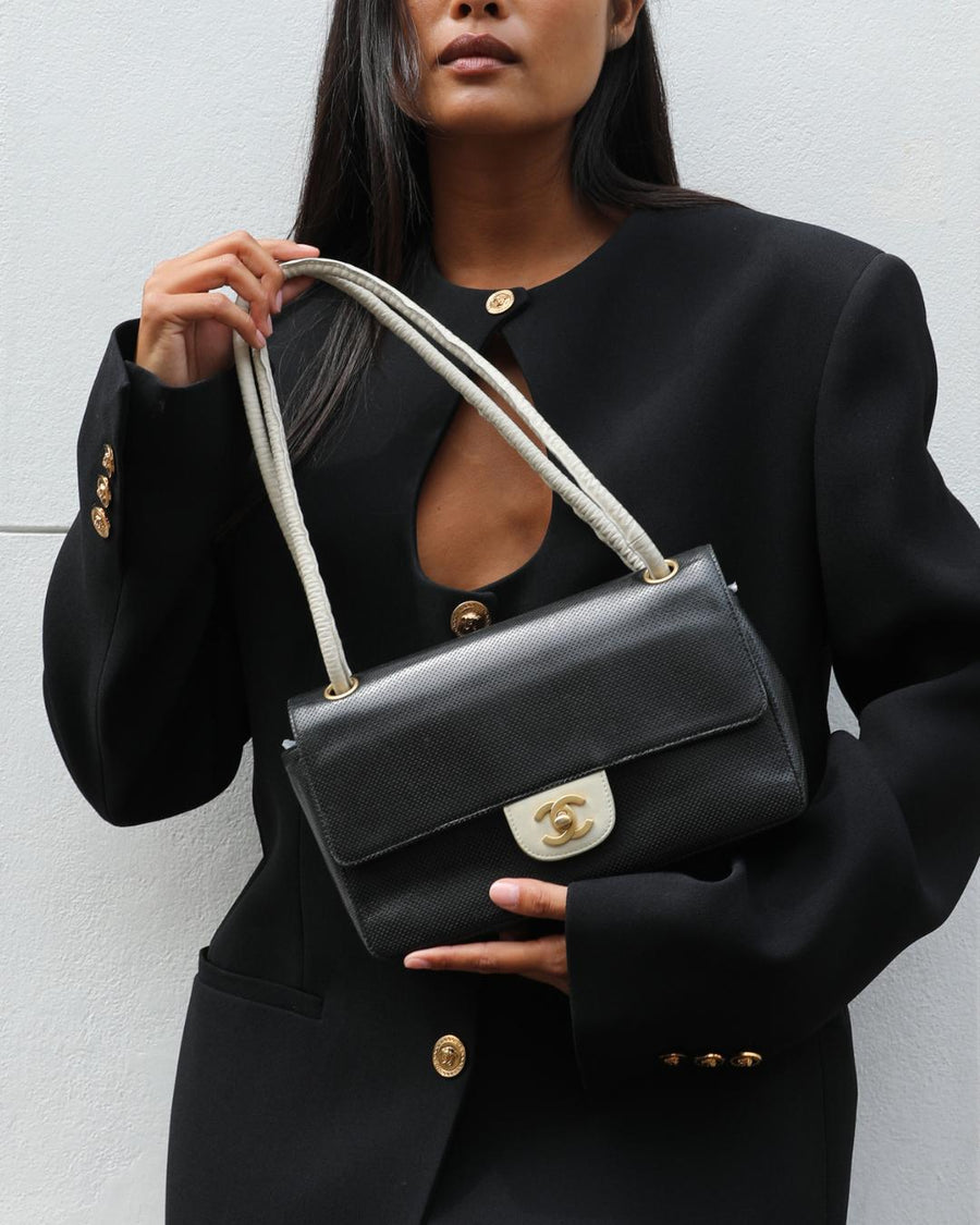 Chanel Black and White Perforated Vintage Medium Single Flap Bag in Lambskin Leather with Brushed Gold Hardware