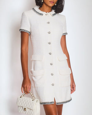 *HOT* Chanel 20S White Tweed Short-Sleeve Mini Dress with Silver Buttons and Embellishments Details FR 38 (UK 10) RRP £5,250
