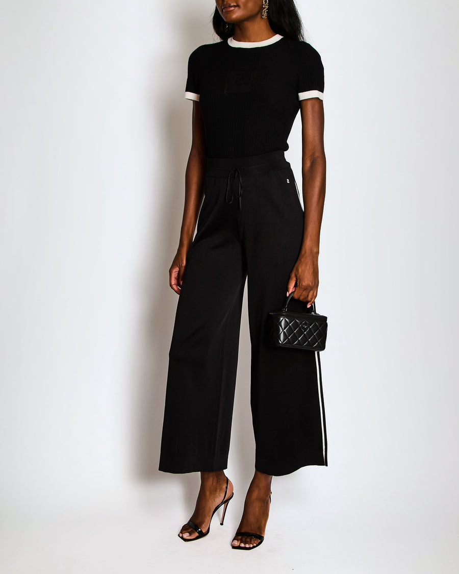 Chanel Black Straight Leg Trackpants with White Side Stripe and White CC Logo Size FR 34 (UK 6)
