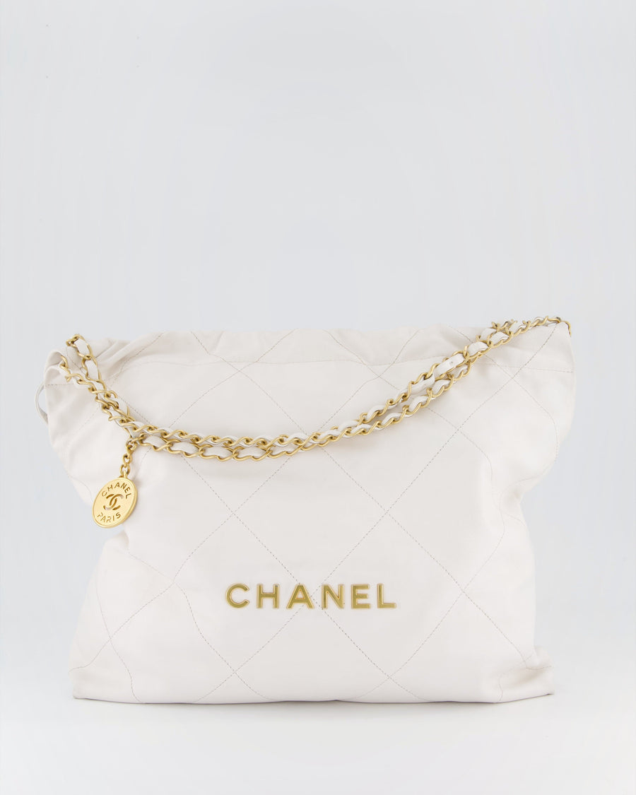 Chanel 22 Medium Hobo Bag in White Lambskin Leather with Brushed Gold Hardware
