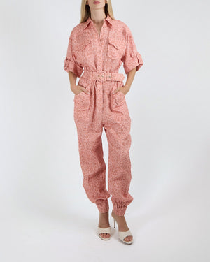Zimmermann Pink Linen Leopard Print Boilersuit Jumpsuit with Belt Detail Size 0 (UK 8) RRP £900