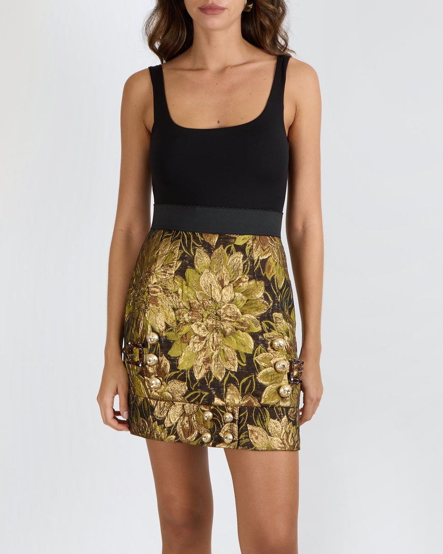 Dolce & Gabbana Black and Gold Floral Mini Skirt with Crystal Details Size IT 38 (UK 6)