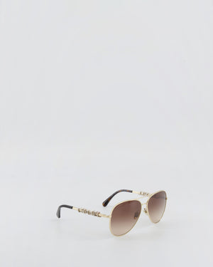 Chanel Gold Pilot Sunglasses with Crystal Embellished Logo Size Details RRP £1,400