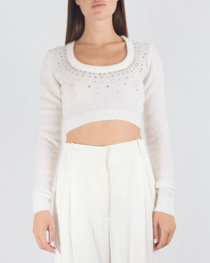 Alessandra Rich White Mohair Cropped Jumper with Crystal Embellishments Size IT 40 (UK 8) RRP £515