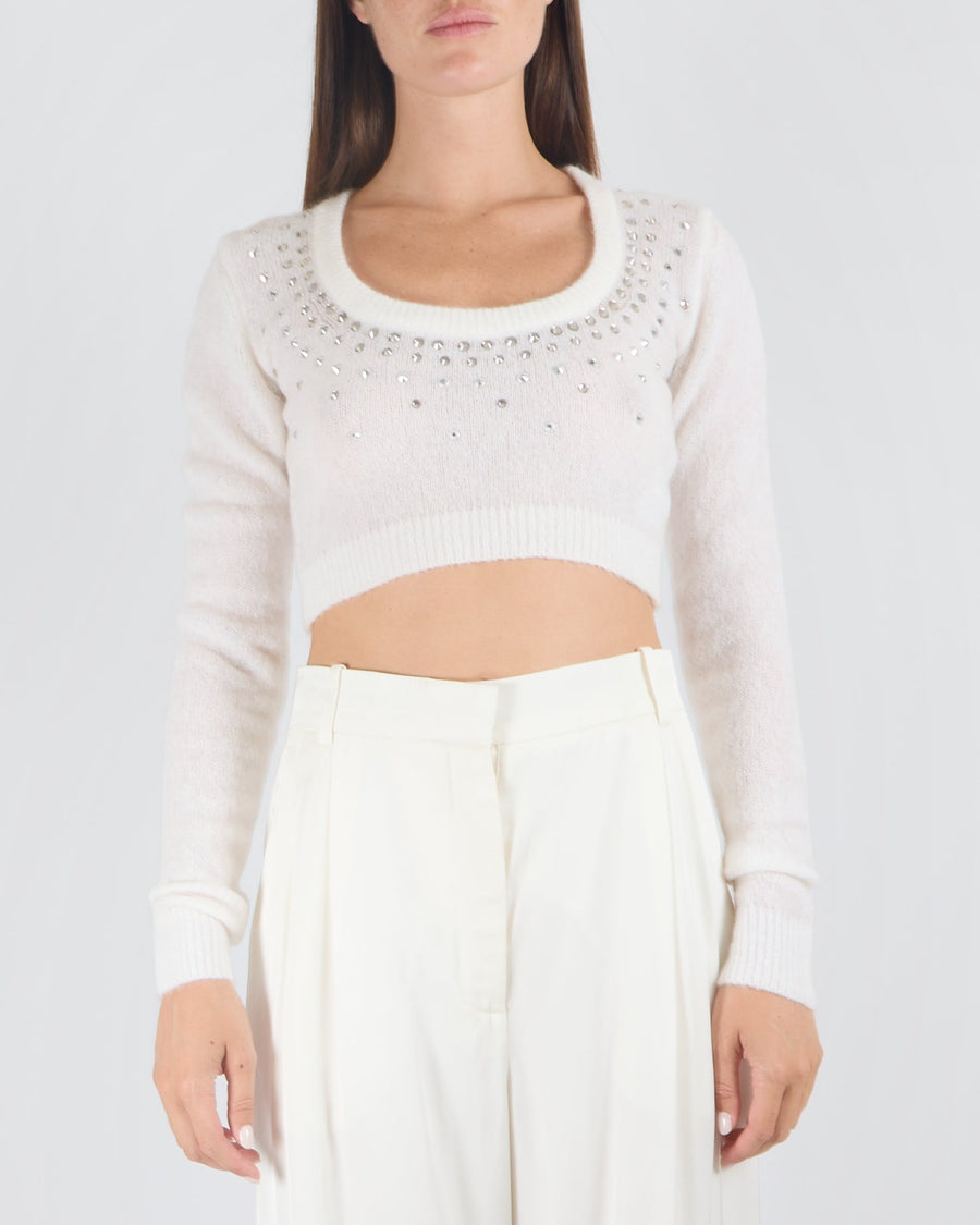 Alessandra Rich White Mohair Cropped Jumper with Crystal Embellishments Size IT 40 (UK 8) RRP £515