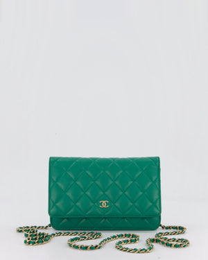 Chanel Green Wallet on Chain Bag with CC Logo in Lambskin Leather with Champagne Hardware