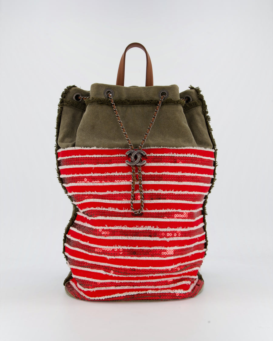Chanel Cruise 2017 Khaki and Red Stripped Cubano Trip Backpack Bag In Canvas and Leather With Gunmetal Hardware