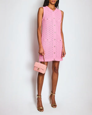 Chanel 24/S Pink Knitted Floral Short Sleeve Dress with CC Button Detail Size FR 36 (UK 8)
