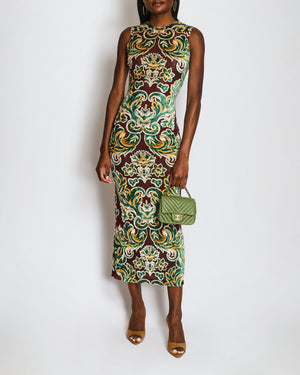 Etro Brown Mesh Sleeveless Maxi Dress with Green Velvet Leaf Prints Size IT 40 (UK 8) RRP £1,650