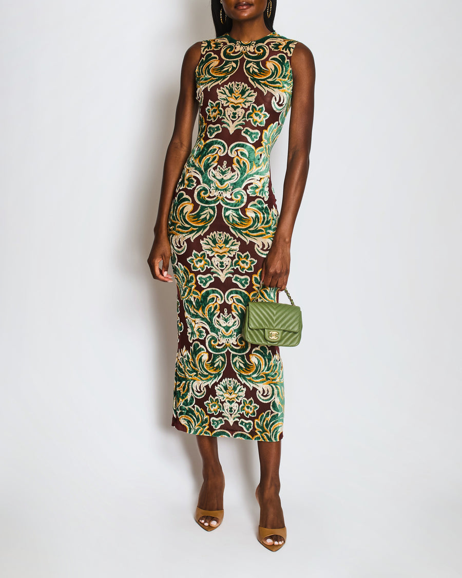 Etro Brown Mesh Sleeveless Maxi Dress with Green Velvet Leaf Prints Size IT 40 (UK 8) RRP £1,650