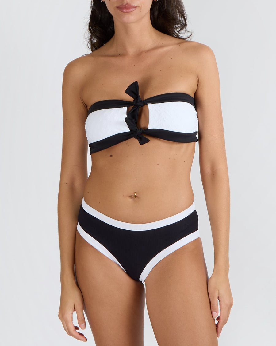 Chanel White CC Logo Bandeau Bikini Top with Black Trims and Front Knots Detail Size FR 38 (UK 10)