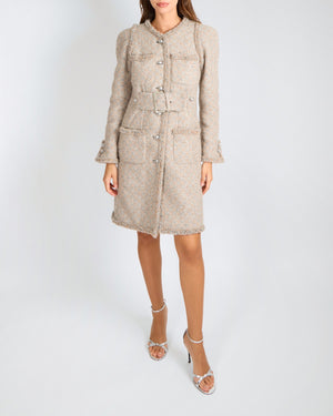 Chanel FW17 Runway Beige Tweed Belted Coat with Clear CC Logo Buttons Size FR 38 (UK 10) RRP £6,500