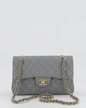 Chanel Grey Small Classic Double Flap Bag in Caviar Leather with Champagne Gold Hardware