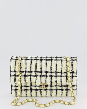 Chanel Pastel Yellow, Black Check Tweed Medium Classic Double Flap Bag with Champagne Gold Hardware