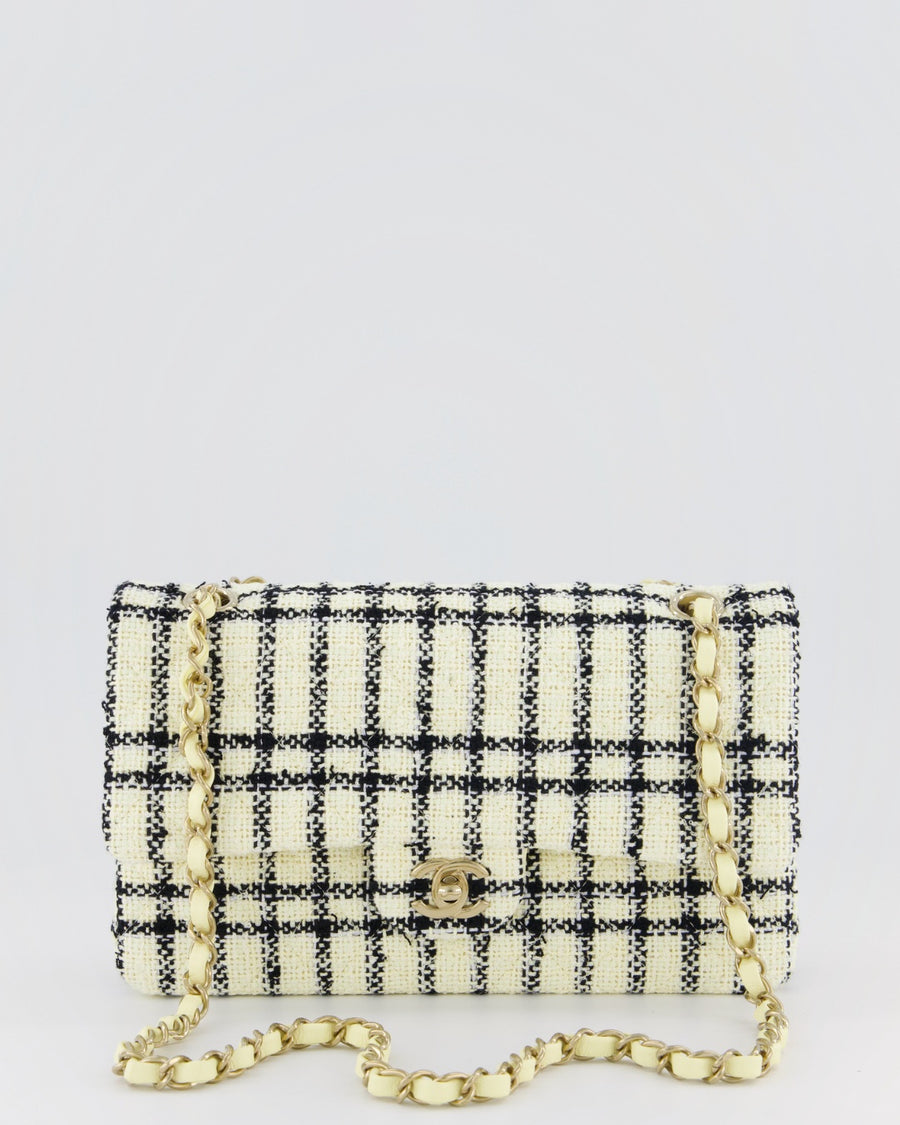 Chanel Pastel Yellow, Black Check Tweed Medium Classic Double Flap Bag with Champagne Gold Hardware
