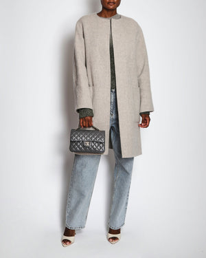 Celine Grey Lama Wool Collarless Coat with Leather Triomphe Logo Detail Size FR 36 (UK 8)