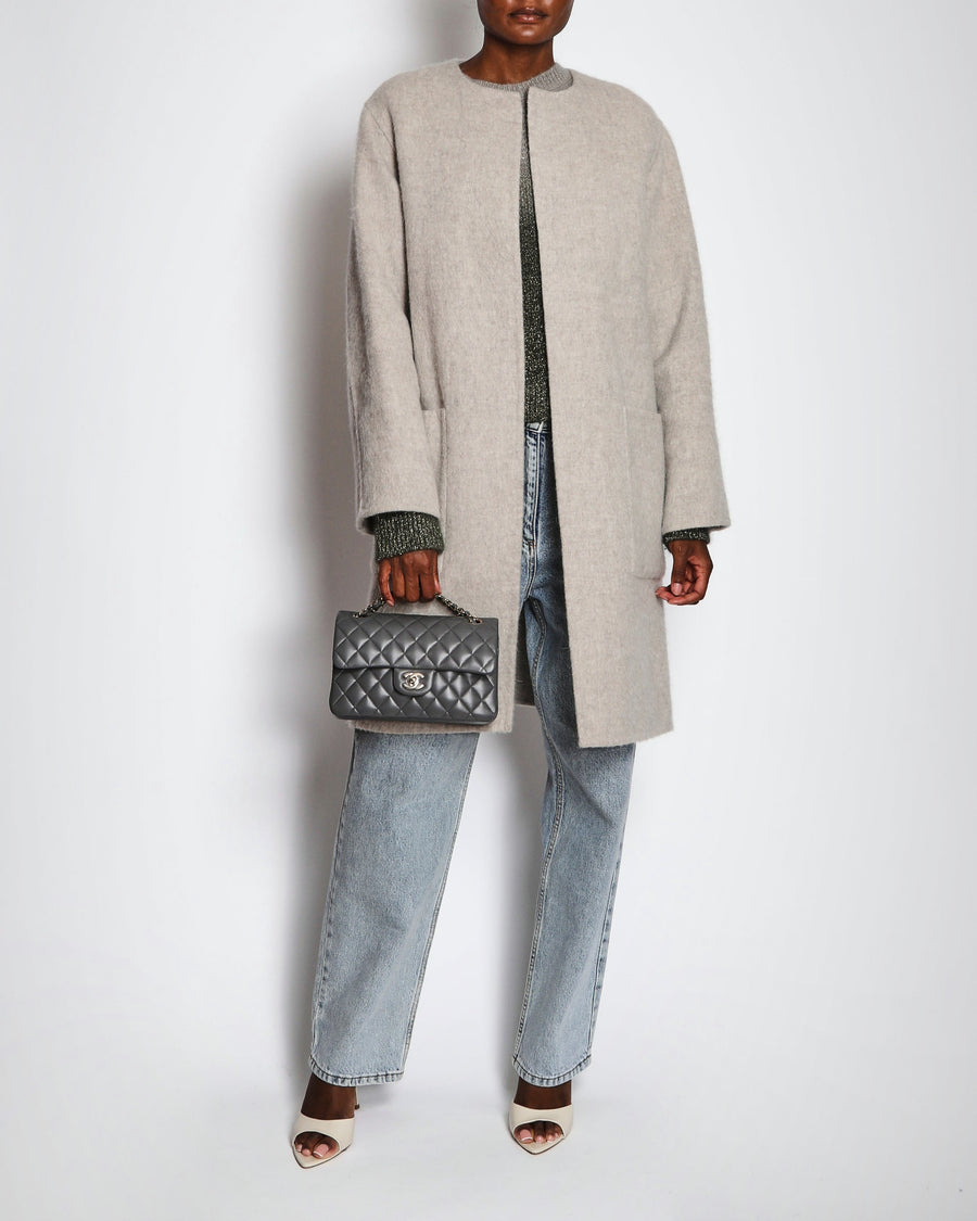 Celine Grey Lama Wool Collarless Coat with Leather Triomphe Logo Detail Size FR 36 (UK 8)