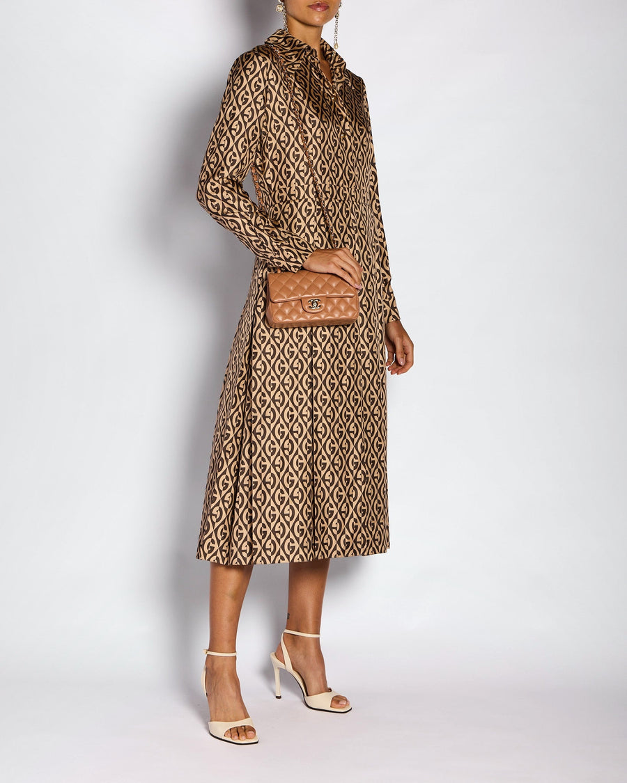 Gucci Brown Rhombus Print Long Sleeve Pleated Midi Dress Size IT 46 (UK 14)