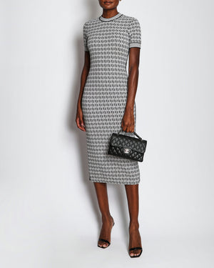 Fendi Black and White Knit Embroidered FF Monogram Bodycon Short-Sleeved Midi Dress Size IT 44 (UK 12)