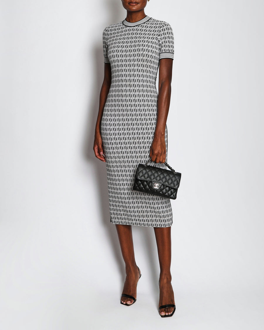 Fendi Black and White Knit Embroidered FF Monogram Bodycon Short-Sleeved Midi Dress Size IT 44 (UK 12)