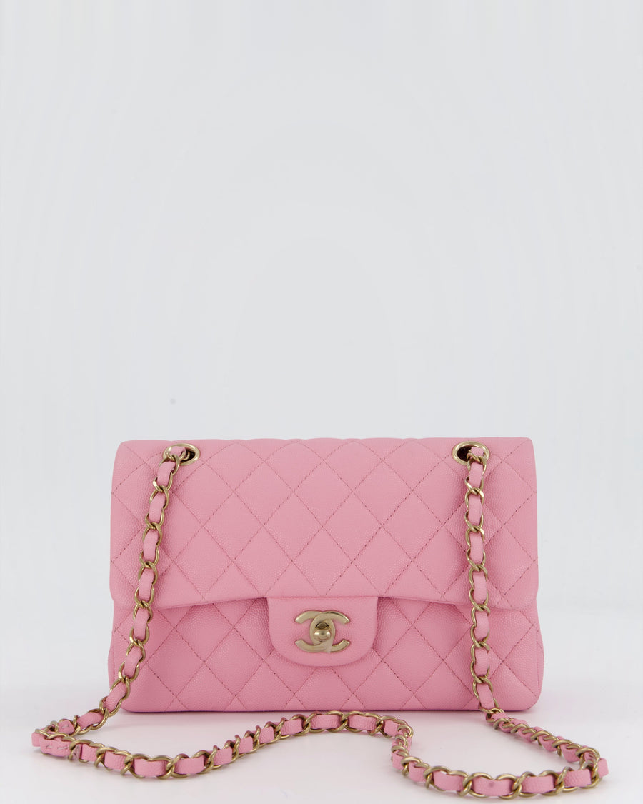 Chanel 23/P Bubblegum Pink Classic Small Double Flap Bag in Caviar Leather with Gold Hardware