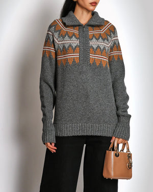Loro Piana Half-Zip Grey Cashmere Jumper With Brown Pattern Size UK 14
