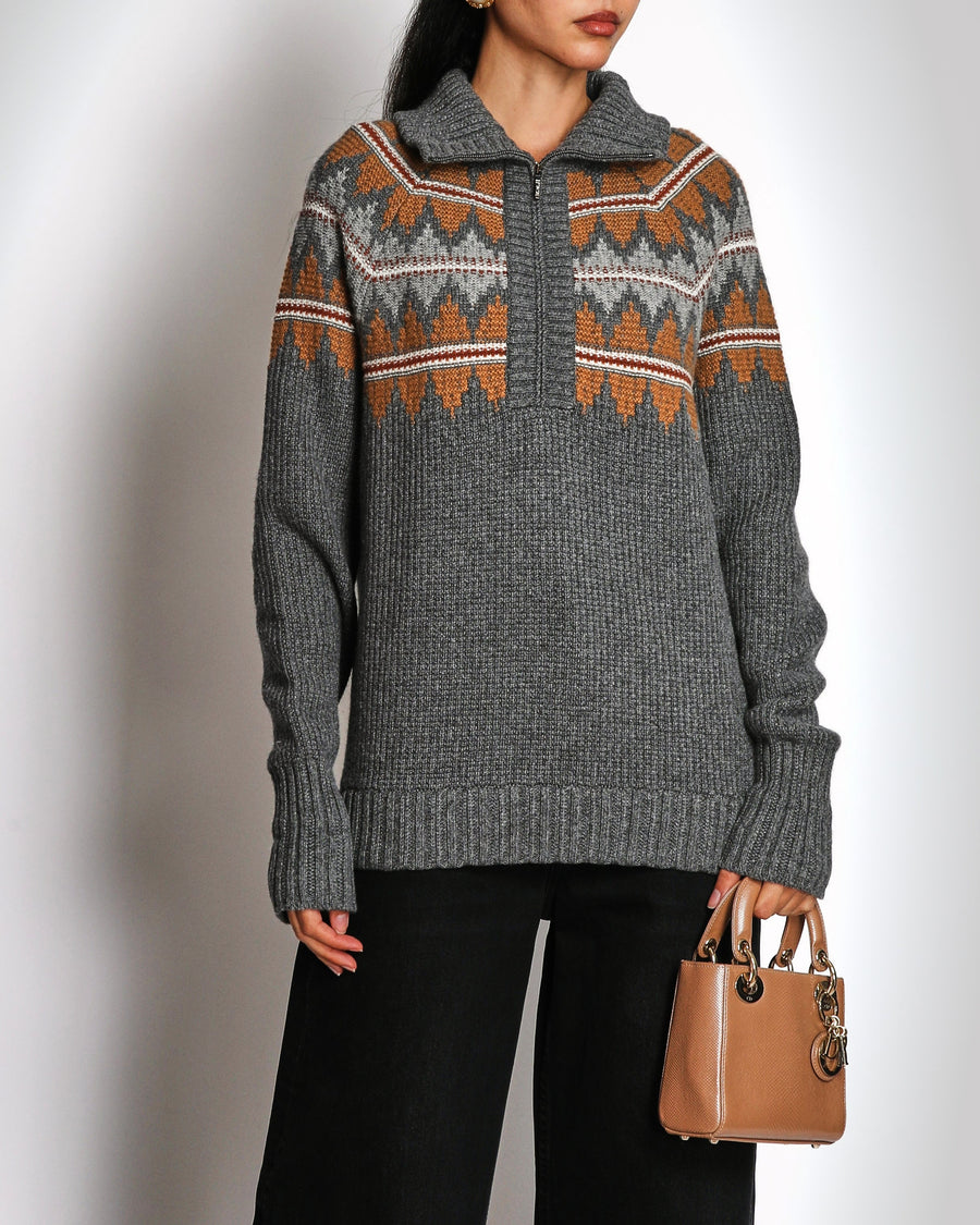 Loro Piana Half-Zip Grey Cashmere Jumper With Brown Pattern Size UK 14