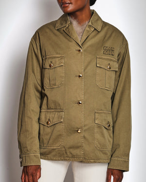 Miu Miu Khaki Button Down Safari Jacket with Logo and Pocket Detail Size IT 40 (UK 8)