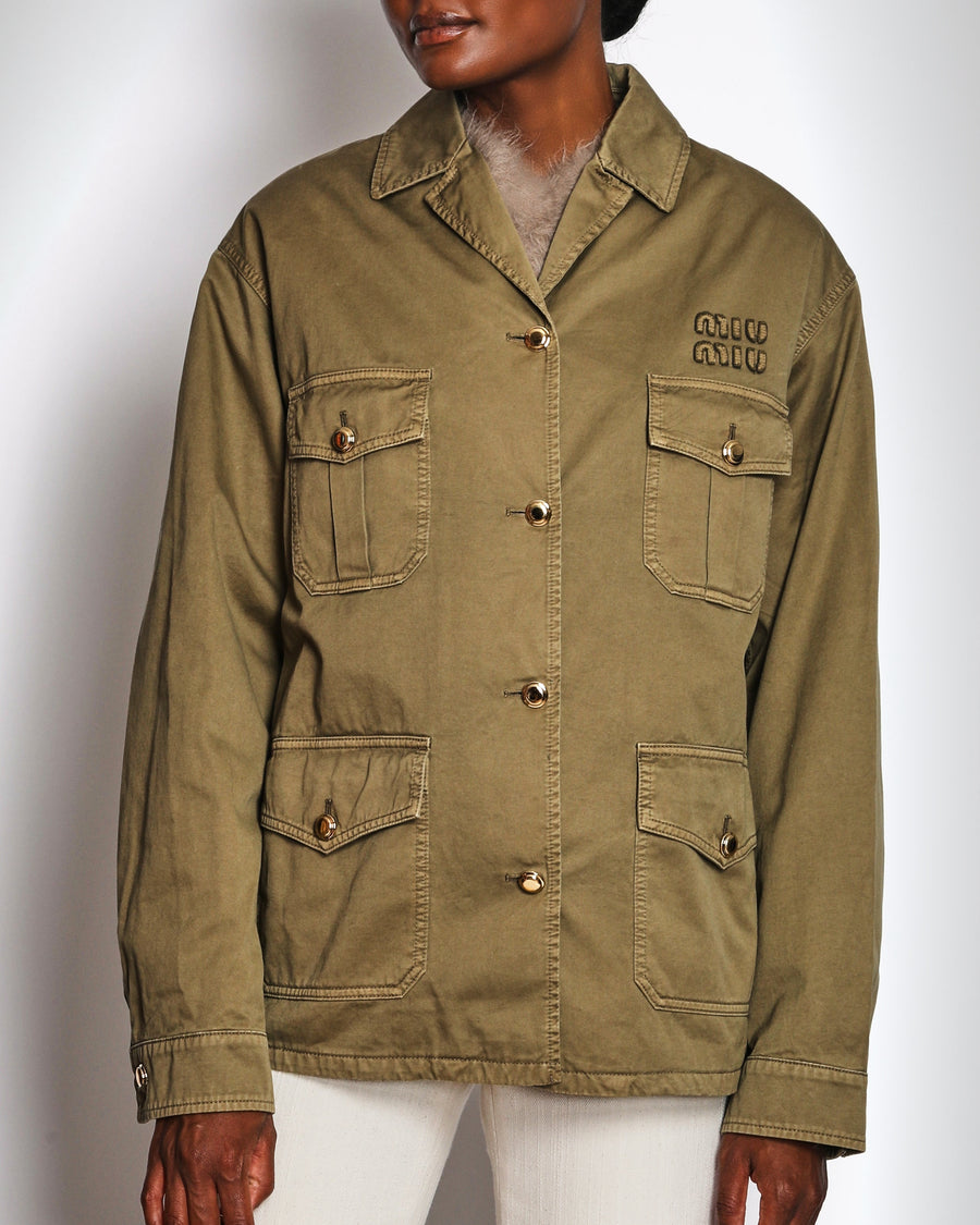 Miu Miu Khaki Button Down Safari Jacket with Logo and Pocket Detail Size IT 40 (UK 8)