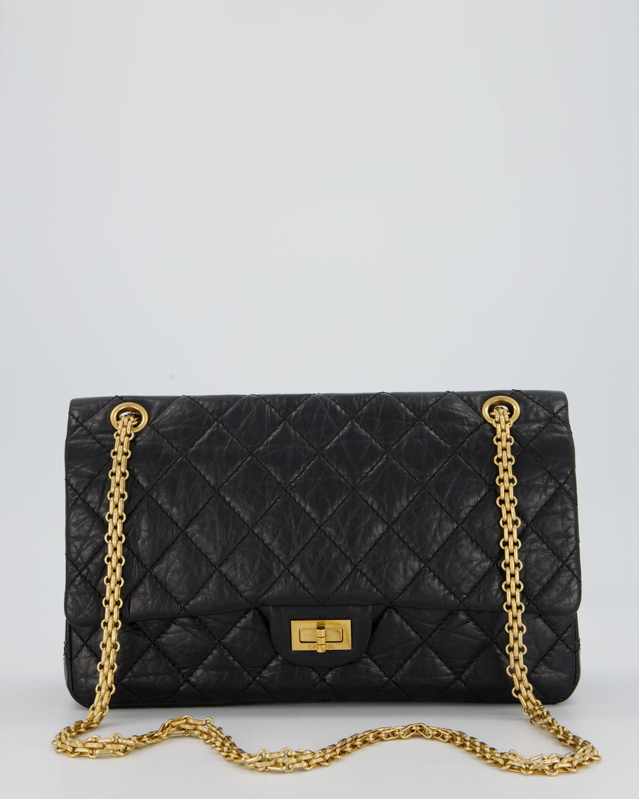 Chanel Black Crumpled Calfskin Reissue 2.55 Quilted Medium Double Flap Bag with Gold Hardware