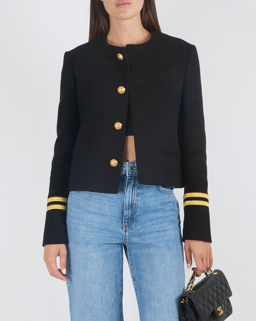 Celine Fall 2021 Spencer Cashmere Collarless Button Down Jacket in Black with Gold Buttons and Striped Cuff Detailing Size FR 36 (UK 8)