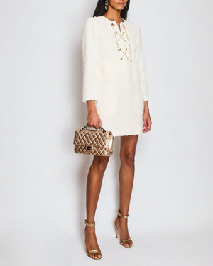 Chanel 21/P White Tweed Long Sleeve Midi Pocket Dress with Chain Fastening Detail Size FR 38 (UK 10)