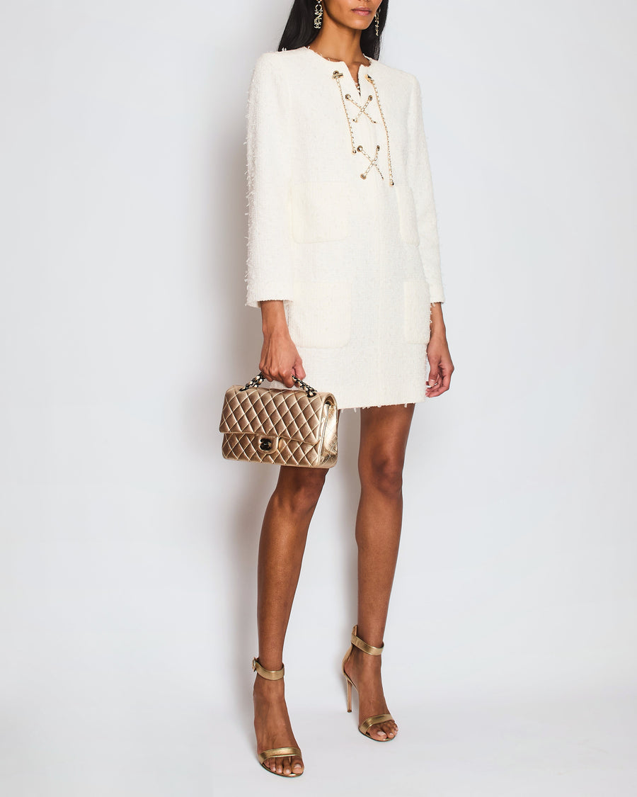 Chanel 21/P White Tweed Long Sleeve Midi Pocket Dress with Chain Fastening Detail Size FR 38 (UK 10)