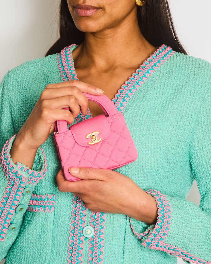 *RARE* Chanel Pink Nano Mini Kelly Bag in Pink Quilted Jersey with Brushed Antique Gold Hardware