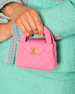 *RARE* Chanel Pink Nano Mini Kelly Bag in Pink Quilted Jersey with Brushed Antique Gold Hardware