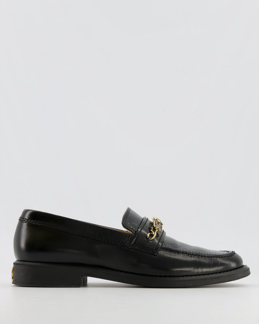 Chanel Black Patent Leather Loafers With Gold Enamel CC Logo Charm Details Size EU 40