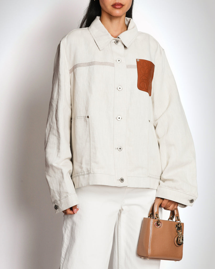 Loewe Cream Linen Jacket With Leather Anagram Patch Pocket Size FR 46 (UK 18) RRP £1,400