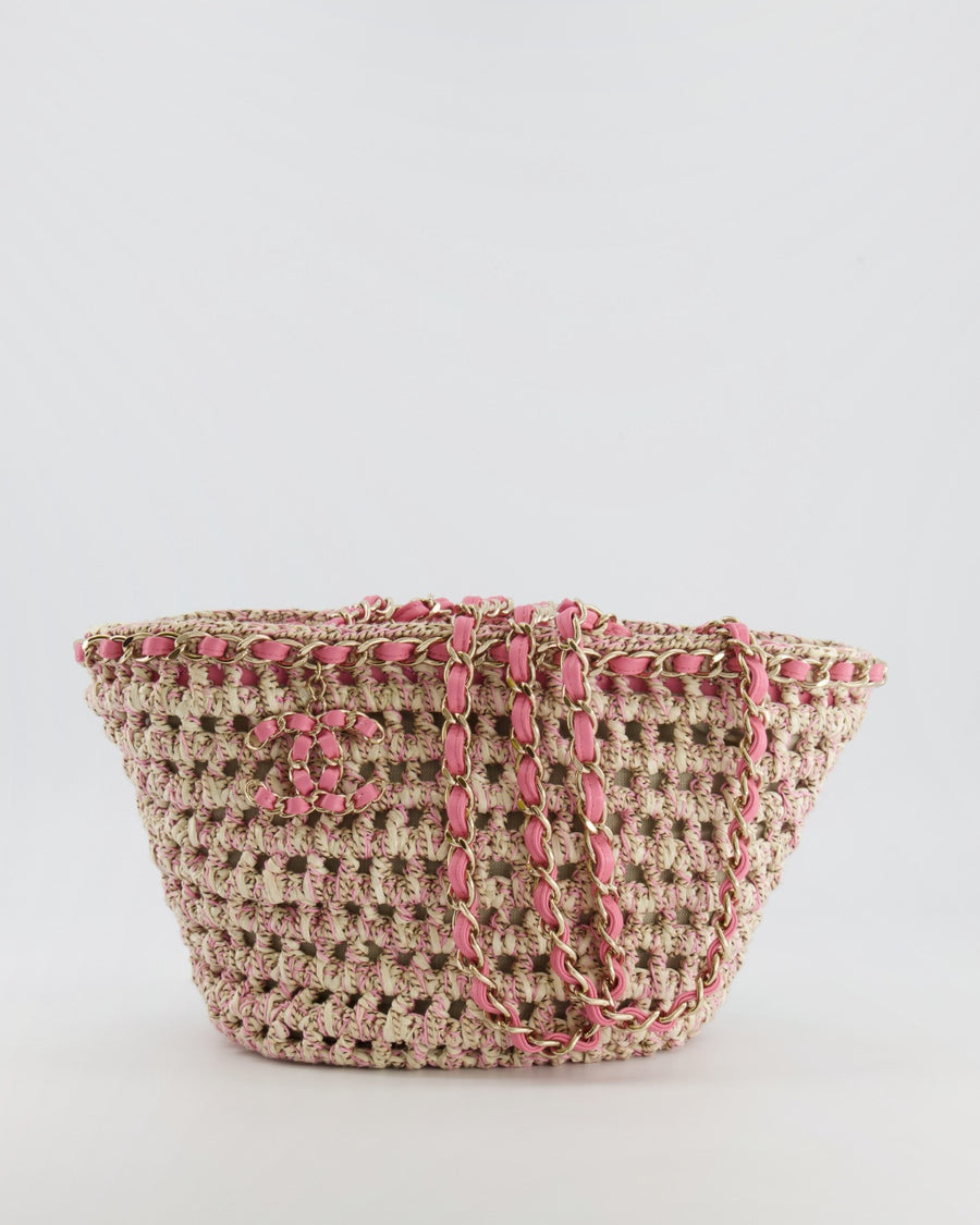 Chanel SS23 Small Crochet Shopping Tote Bag in Pink and Beige with Champagne Gold Hardware