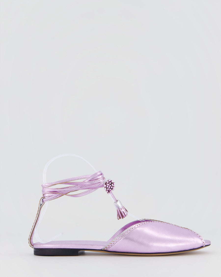 The Row Metallic Lilac Charlotte Leather Tassel Tie Flat Sandals Size EU 37