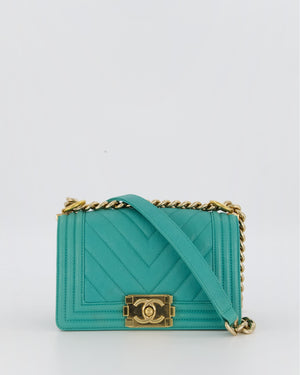 Chanel Mini Boy Bag in Teal Caviar Chevron Leather with Brushed Gold Hardware