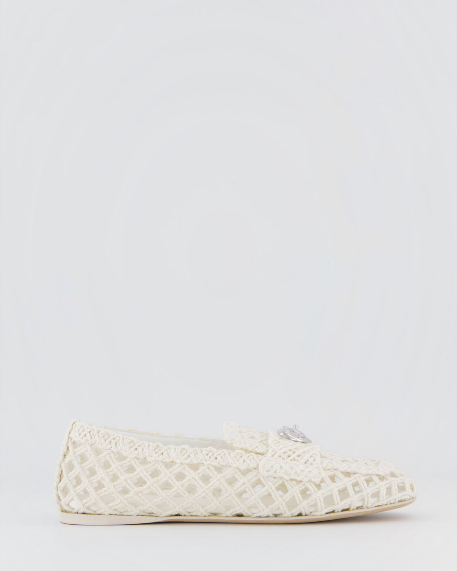Chanel Cream Raffia Crochet Loafers with Silver CC Heart Detail Size EU 36.5