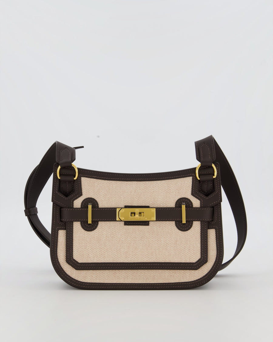 Hermès Mini Jypsiere Crossbody Bag in Bai Brun Swift Leather and Cream Canvas with Gold Hardware