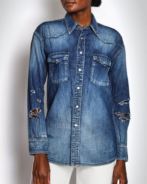 Saint Laurent Blue Distressed Denim Long Sleeve Shirt Size XS (UK 6)