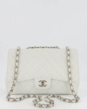 Chanel White Jumbo Classic Single Flap Bag in Caviar Leather with Silver Hardware