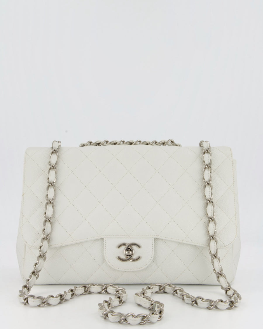 Chanel White Jumbo Classic Single Flap Bag in Caviar Leather with Silver Hardware