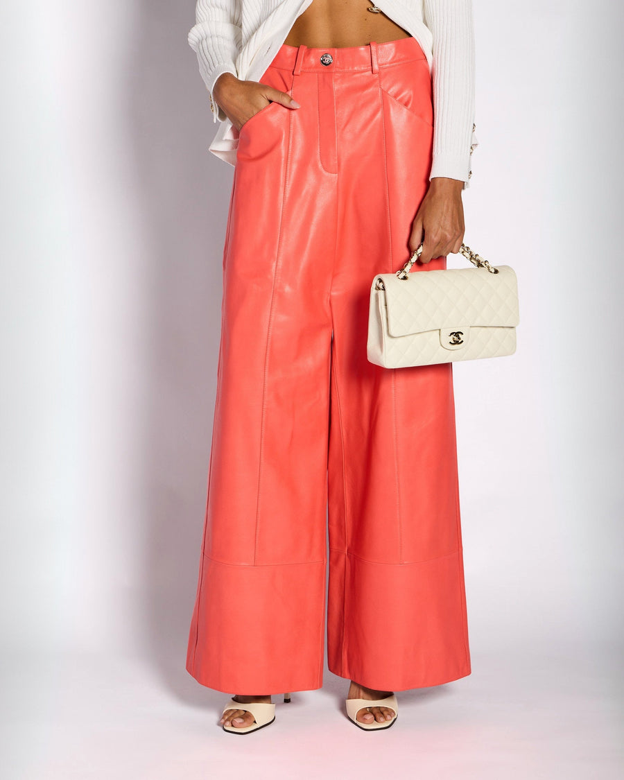 Chanel Coral Wide-Leg Leather Trouser with CC Button Logo Detail Size FR 36 (UK 8)