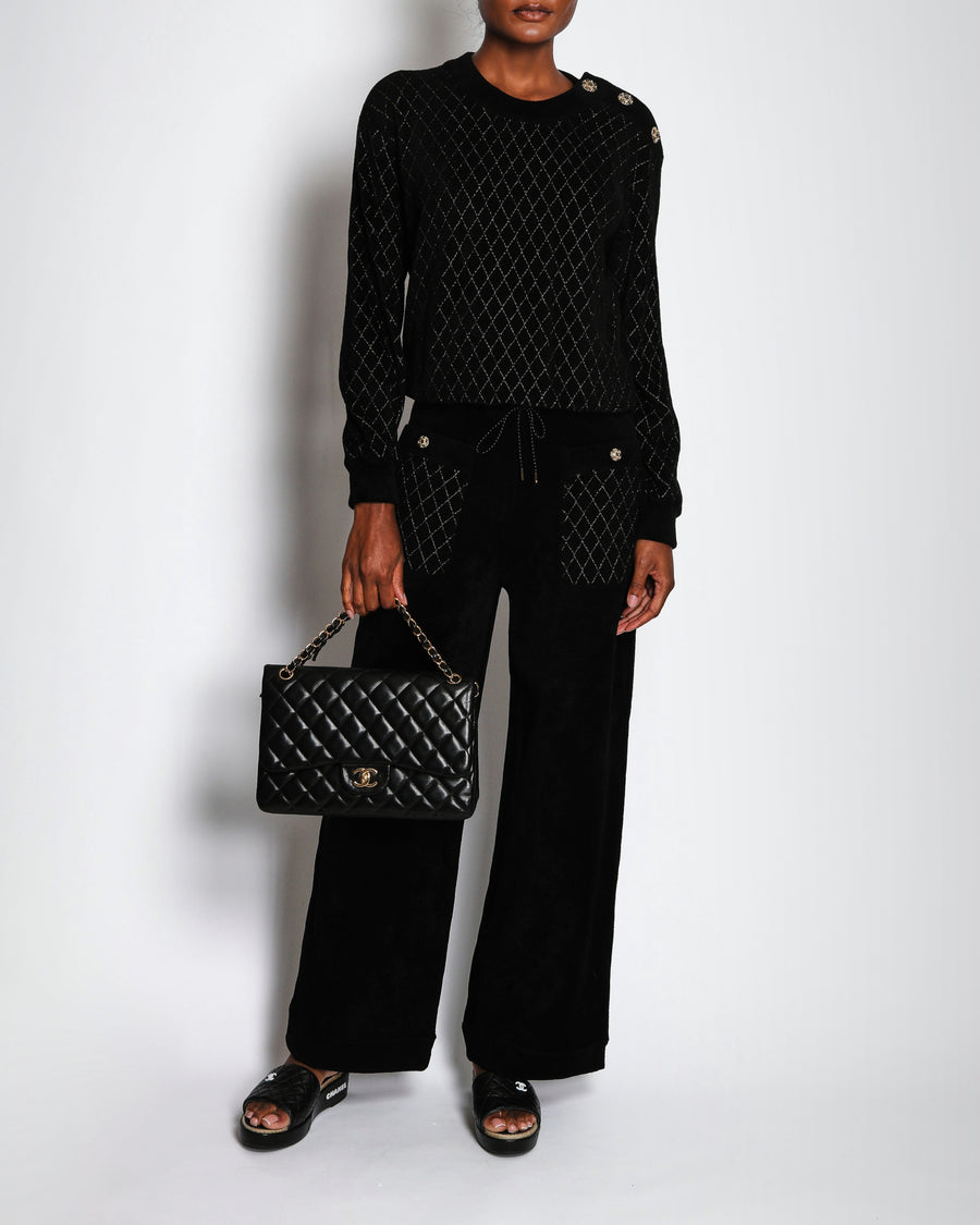 Chanel 23/A Black Wide-Leg Trousers with Quilted Pocket and CC Embellished Button Detail Size FR 38 (UK 10)